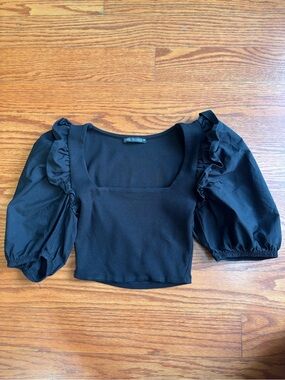 ZARA Black Square Neck Puff Sleeve Crop Top